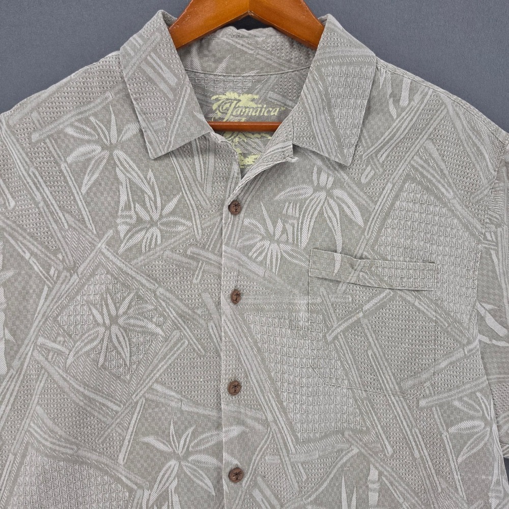Jamaica Jaxx Mens Large Silk Jacquard Palm Bamboo Camp Shirt Sage Green 6800